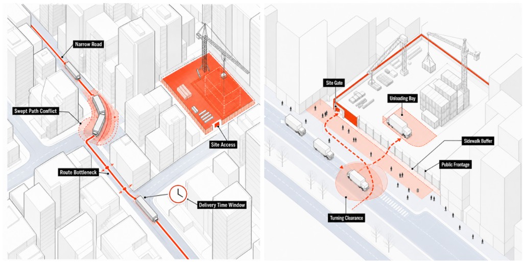 Urban modular construction logistics: route bottlenecks, swept-path conflicts, and site-gate interface